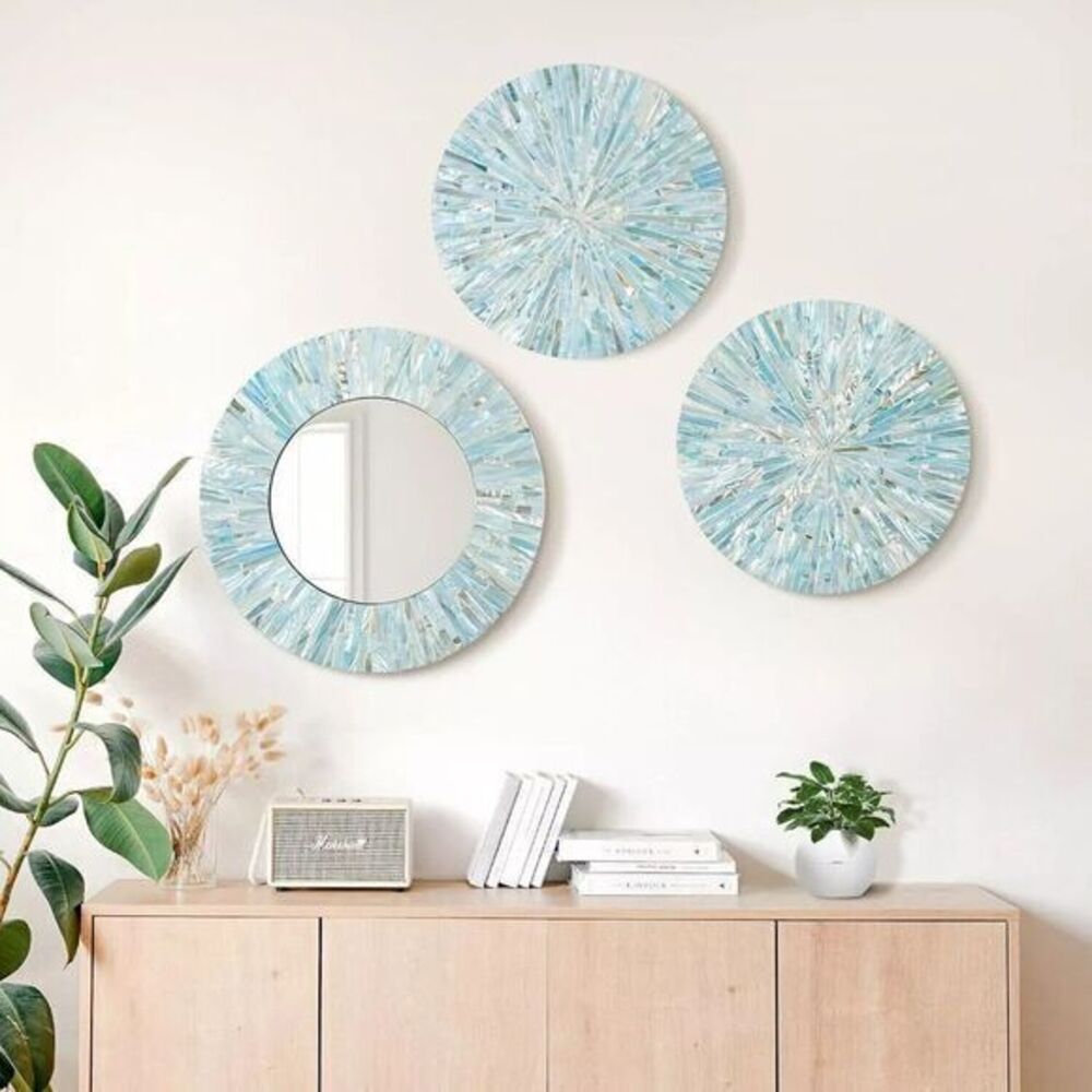 Teipai‎ Natural Mother of Pearl Mirror Wall Decor for Living Room, 3PCS Handmade
